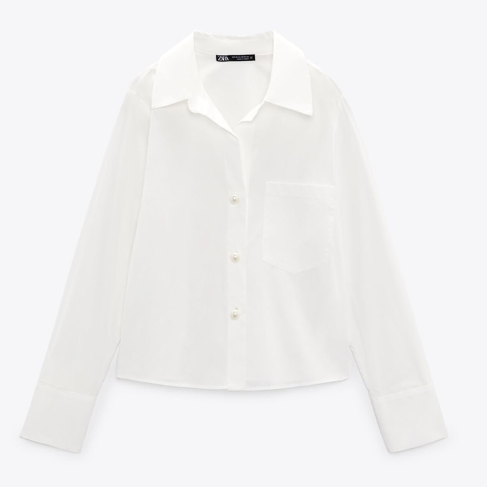 NWT Zara Button Down with Pearls Classic White Button-Down Blouse